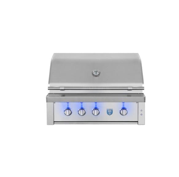 Compact stainless steel grill with a closed lid, built-in thermometer, and illuminated blue control knobs on the front panel.