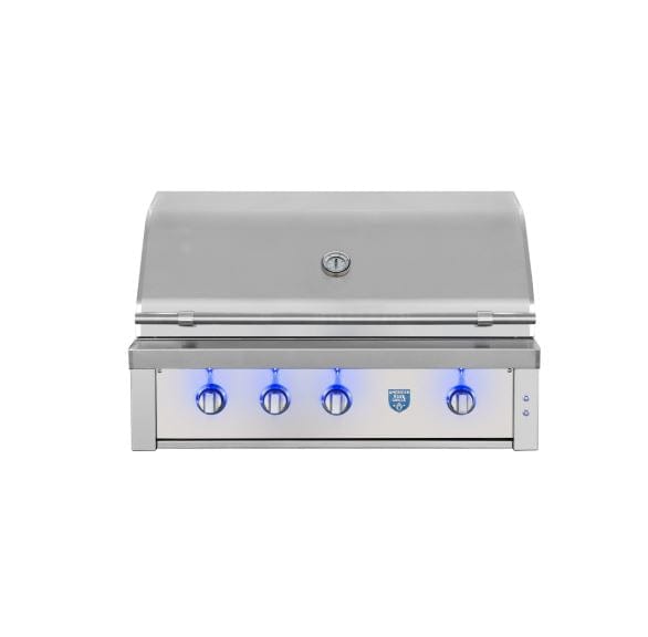 Stainless steel outdoor grill with a closed lid, built-in temperature gauge, and illuminated blue control knobs on the front panel.