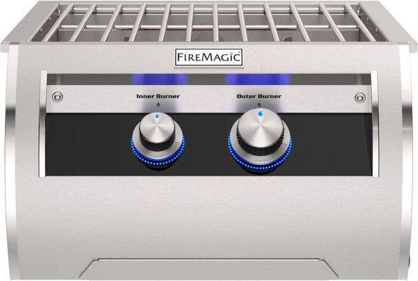Close-up of stainless steel double side burner with blue LED-lit control knobs labeled Inner Burner and Outer Burner for precise heat control.