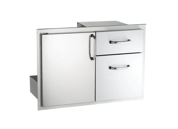 Stainless steel access door and double drawer combo unit, designed for outdoor kitchens to provide storage and equipment access.