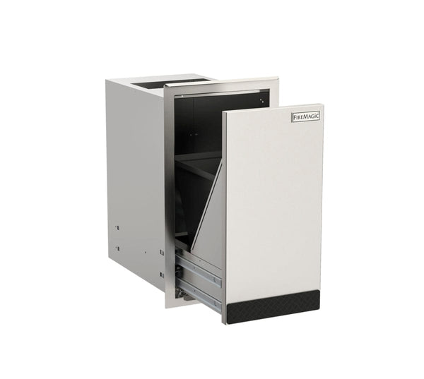 Stainless steel pull-out trash and recycle bin drawer for outdoor kitchens with partially open view showing dual compartment design.