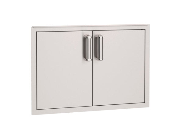 Sleek stainless steel double access doors with polished vertical handles, designed for built-in outdoor kitchen or storage applications.
