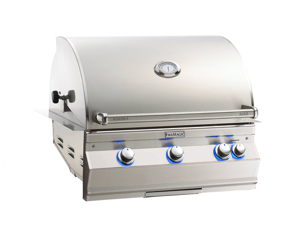 Curved-lid stainless steel gas grill with built-in thermometer and blue LED-lit control knobs for stylish and efficient outdoor cooking.