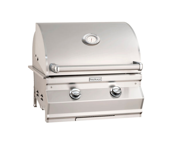 Compact stainless steel built-in gas grill with curved lid, built-in thermometer, and two control knobs for outdoor cooking.