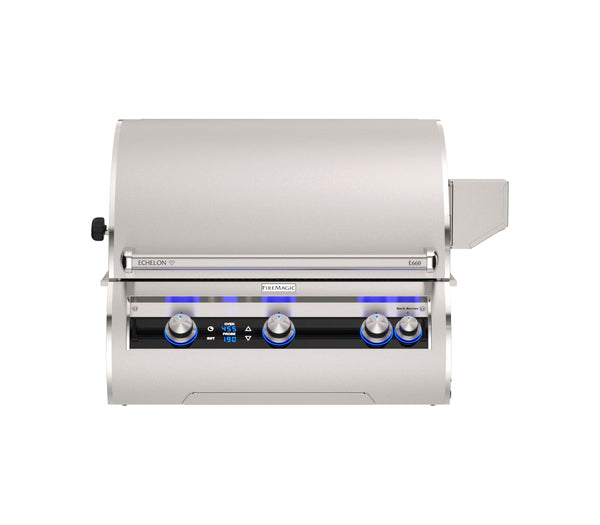 Stainless steel built-in gas grill with digital display, blue LED-lit control knobs, and curved lid for precision outdoor cooking.