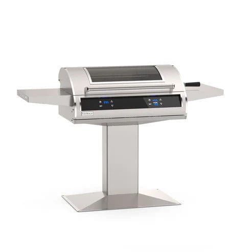 Modern stainless steel pedestal grill with digital touch controls, dual side shelves, and sleek hood for outdoor cooking convenience.