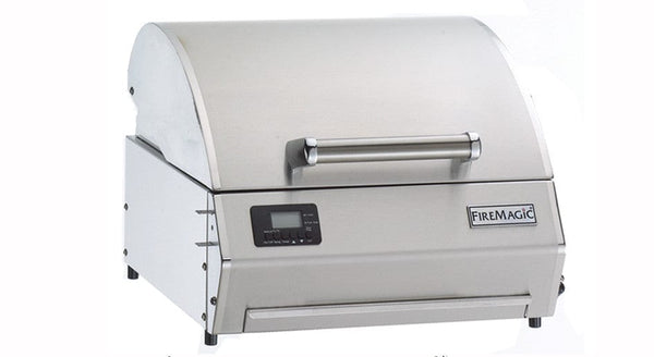 Sleek stainless steel electric grill with digital control panel and side vents, designed for precise cooking in outdoor kitchens.