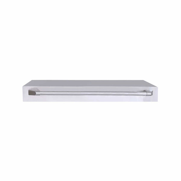 Front view of a rectangular stainless steel griddle lid with a long horizontal handle on a white background.