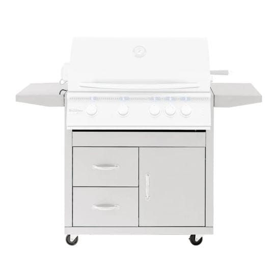 Stainless steel outdoor grill cart with dual drawers, storage cabinet, and side shelves on caster wheels for easy mobility.