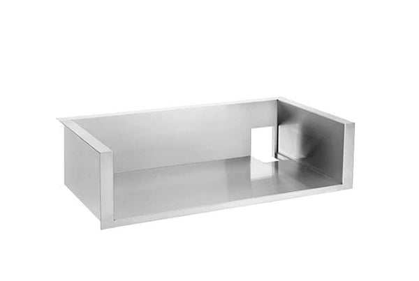 Stainless steel grill insulation liner with smooth polished finish and rear cutout for ventilation in outdoor kitchen setup.