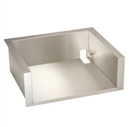 Stainless steel appliance insulation liner with rear rectangular cutout, built for safe installation in outdoor kitchen setups.