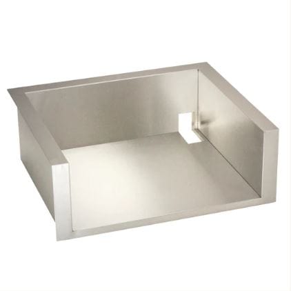 Stainless steel grill insulation liner with rear cutout, providing heat protection for built-in outdoor kitchen installation.