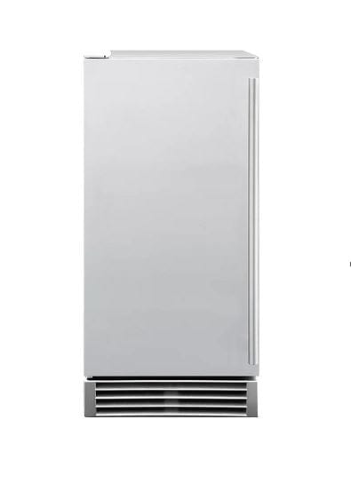 Front view of a sleek, stainless steel ice maker with a vented grille at the bottom and a minimalistic vertical handle design.