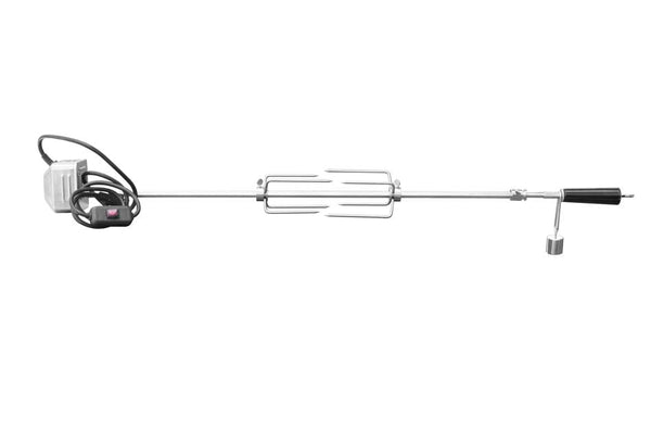 Stainless steel rotisserie kit with motor, spit rod, adjustable forks, and handle for grilling large cuts of meat.