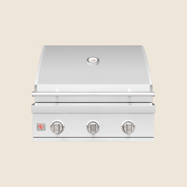 Stainless steel outdoor grill with closed hood, built-in temperature gauge, and three control knobs for precise heat adjustment.