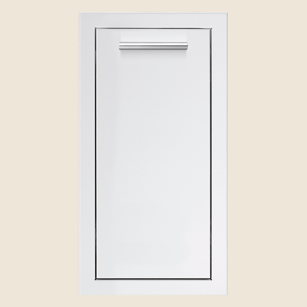 Stainless steel vertical access door with sleek handle and smooth finish, designed for outdoor kitchen or grill island storage.