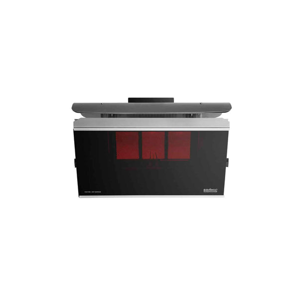 Bromic Platinum 300 Series Smart-Heat gas radiant patio heater with black ceramic-glass fascia, stainless steel housing, and glowing burners, front view.