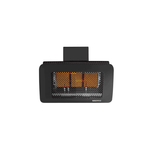Bromic Tungsten 300 Series Smart-Heat black natural gas patio heater with three glowing ceramic burners, front view