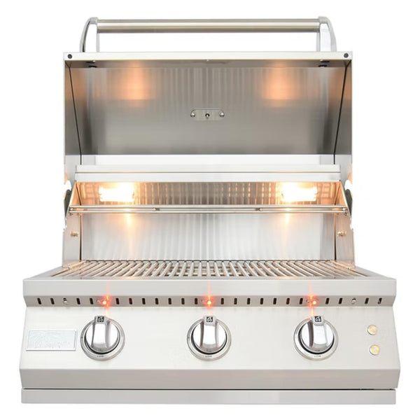 Kokomo Elite 26-inch 3-burner built-in gas grill open with illuminated stainless steel cooking surface and warming rack