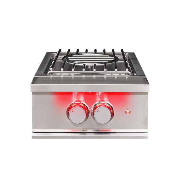 TrueFlame built-in power burner with stainless steel construction, removable wok grate, and red LED illuminated controls.