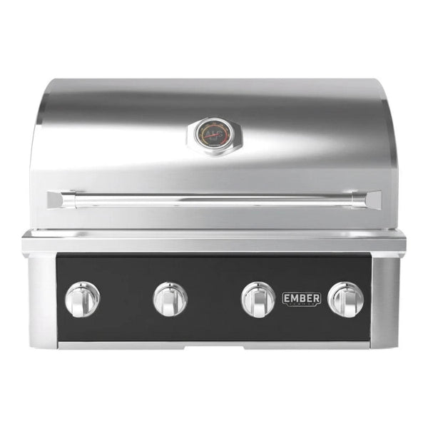 Wildfire Ember 32-inch built-in gas grill in black stainless steel with four control knobs and hood-mounted temperature gauge
