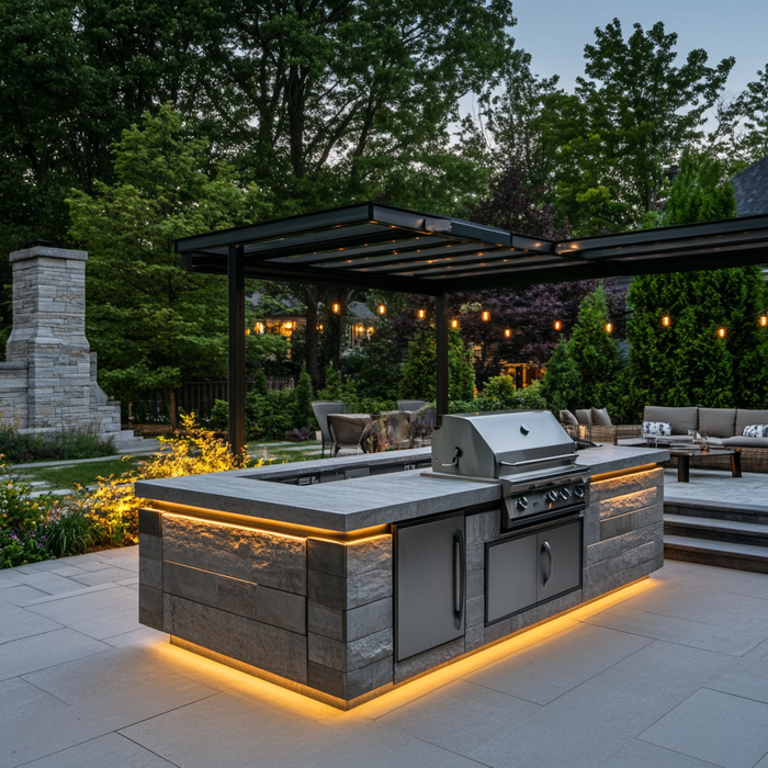 A lit up outdoor kitchen island with pergola and couch set in background
