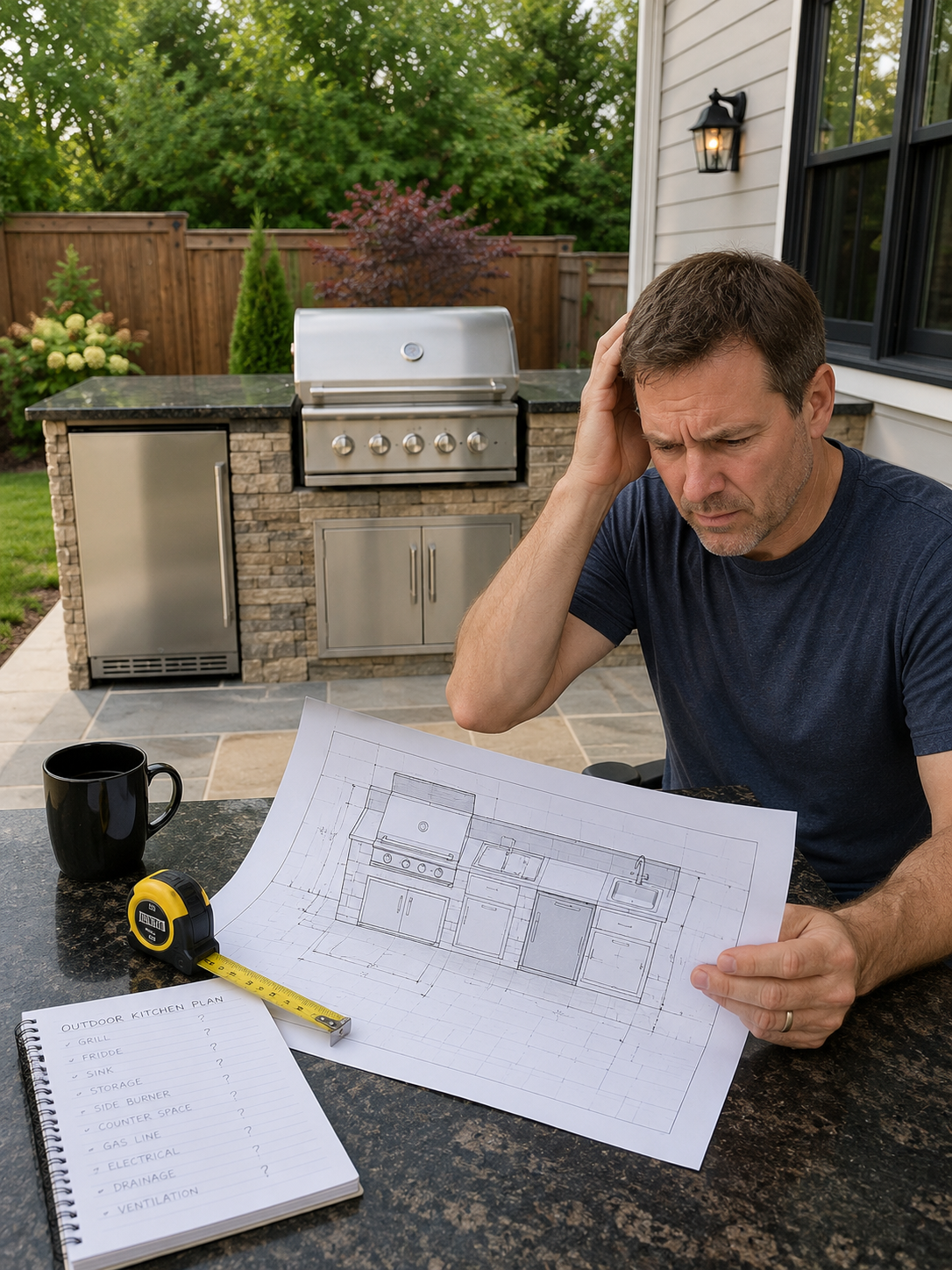 A confused homeowner reviewing outdoor kitchen floor plans beside a finished grill island, highlighting how poor planning can lead to layout and installation mistakes.