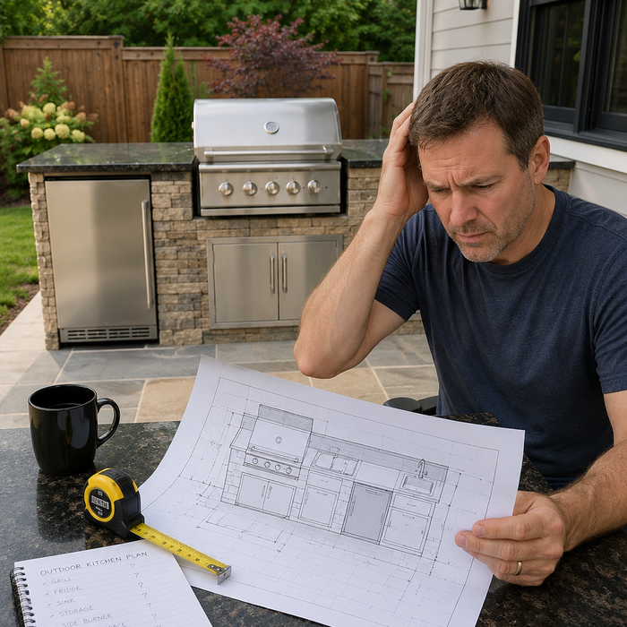 A confused homeowner reviewing outdoor kitchen floor plans beside a finished grill island, highlighting how poor planning can lead to layout and installation mistakes.