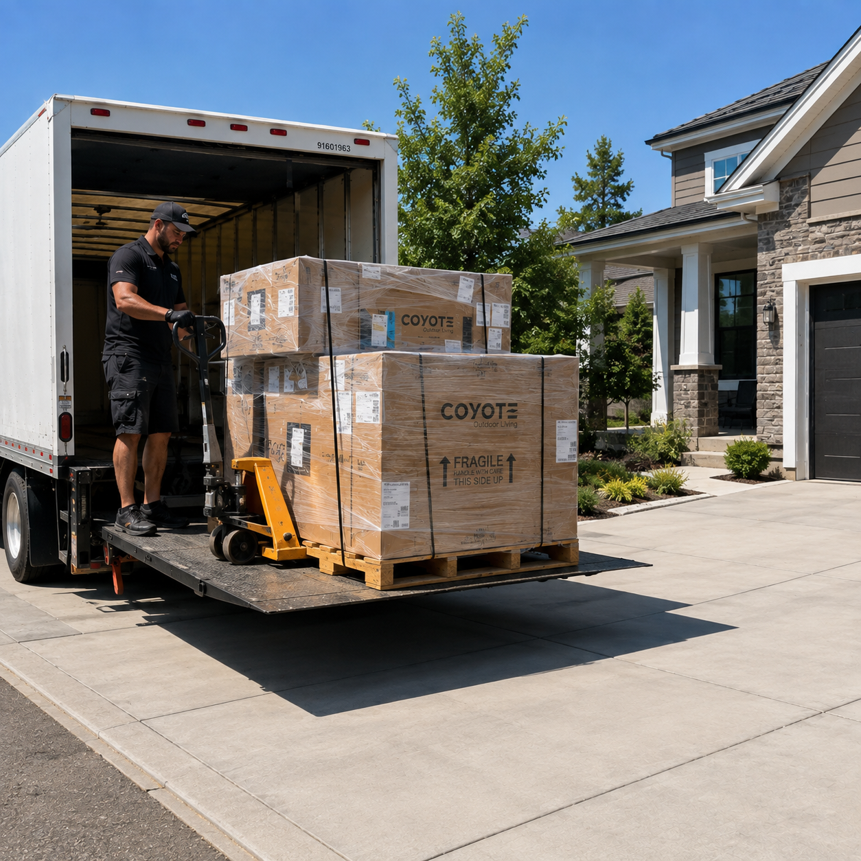 A freight truck delivering a palletized built-in grill and outdoor kitchen appliances to a residential driveway with clear access at the customer’s house.