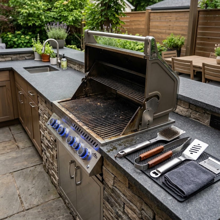 A dirty premium stainless steel built-in grill in a finished backyard outdoor kitchen with grill-cleaning tools neatly arranged nearby, ready for routine maintenance.
