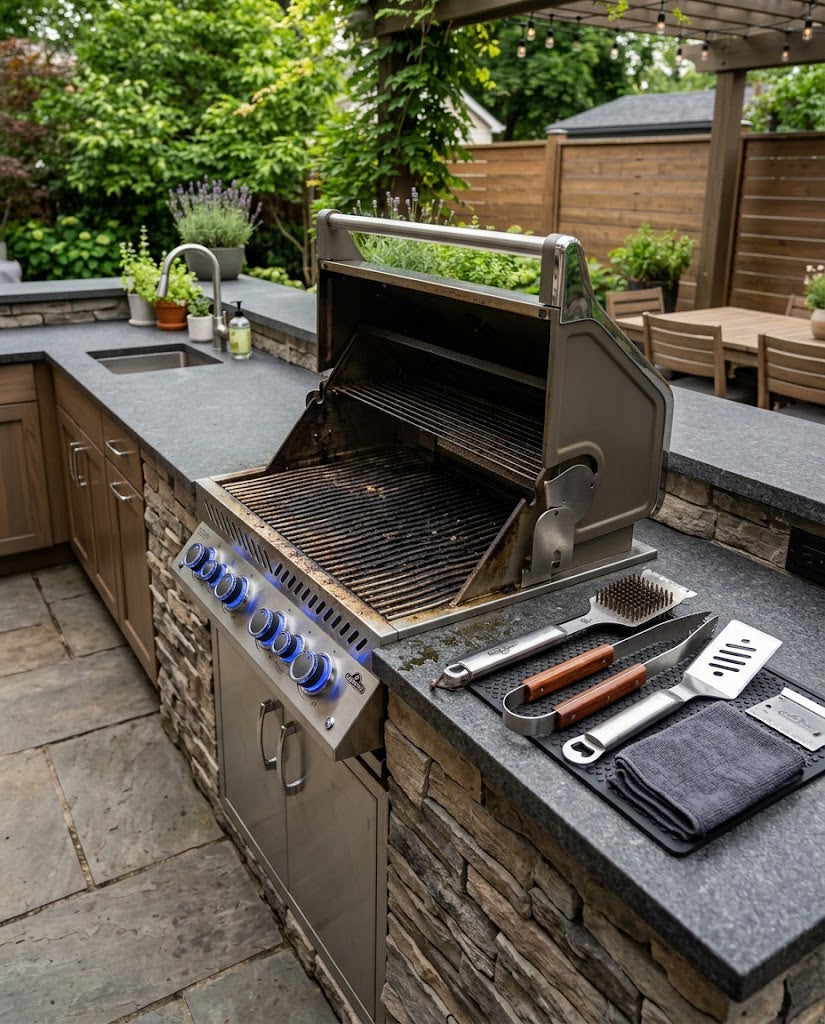 A dirty premium stainless steel built-in grill in a finished backyard outdoor kitchen with grill-cleaning tools neatly arranged nearby, ready for routine maintenance.