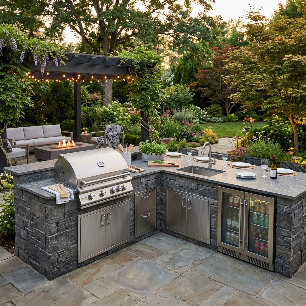 A sophisticated finished outdoor kitchen featuring a premium stainless steel built-in grill, outdoor refrigerator, storage, and spacious countertops in an elegant backyard setting.