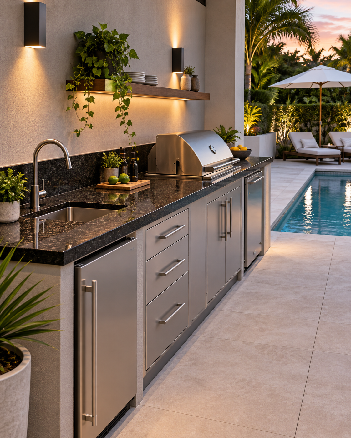 A sleek, narrow poolside outdoor kitchenette with a dark granite countertop, undermount sink, and minimalist under-counter cabinetry.