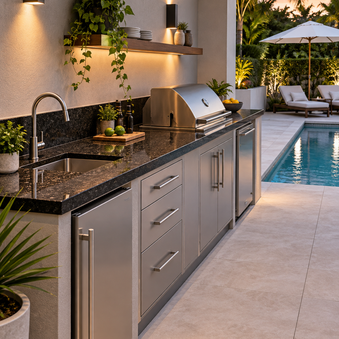 A sleek, narrow poolside outdoor kitchenette with a dark granite countertop, undermount sink, and minimalist under-counter cabinetry.