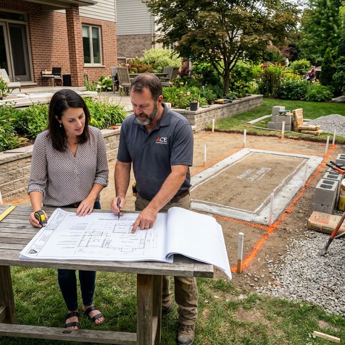 A homeowner and contractor reviewing blueprints beside a partially planned outdoor kitchen space, with the finished grill island area clearly marked out.