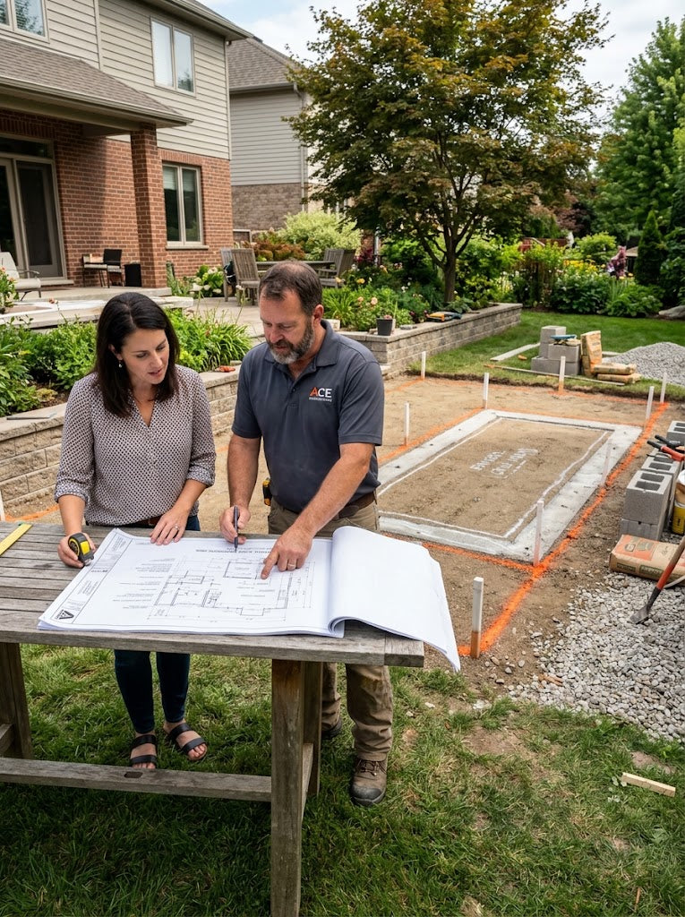 A homeowner and contractor reviewing blueprints beside a partially planned outdoor kitchen space, with the finished grill island area clearly marked out.