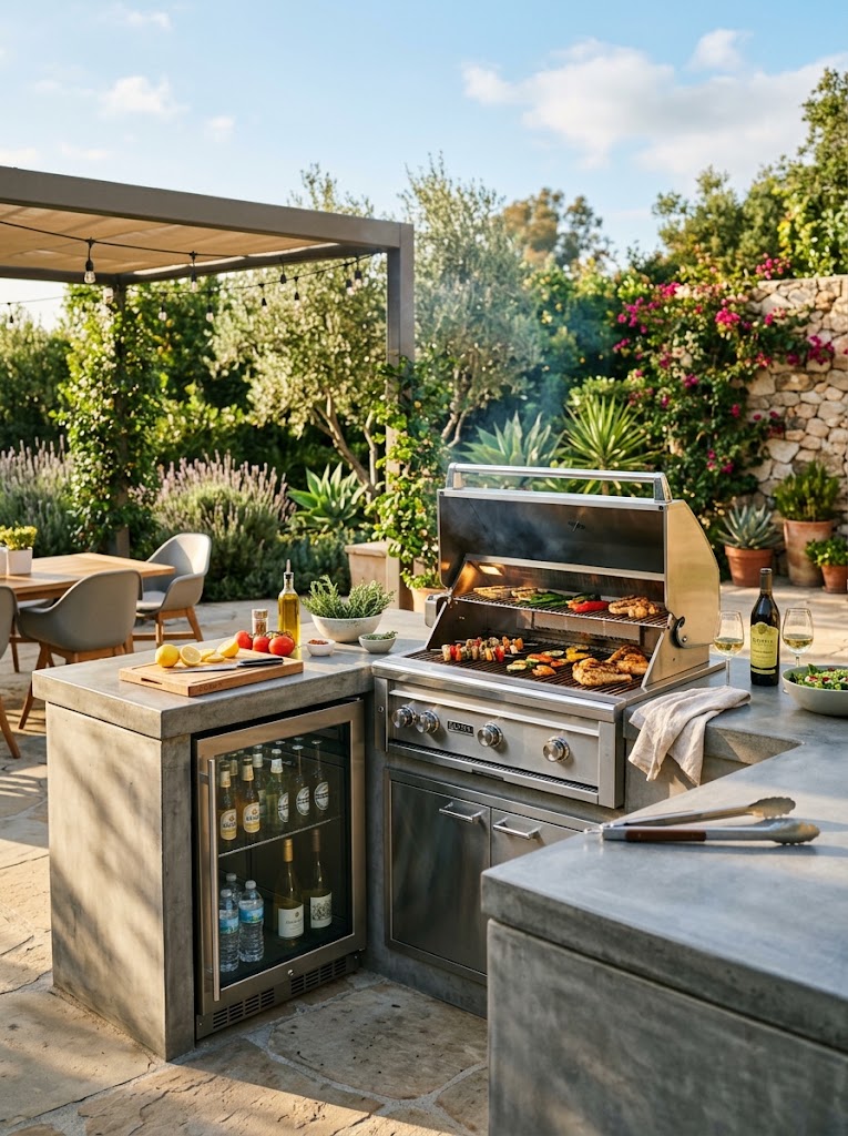 A modern outdoor kitchen setup featuring a stainless steel grill, mini-fridge, and polished concrete countertops bathed in warm afternoon sunlight.