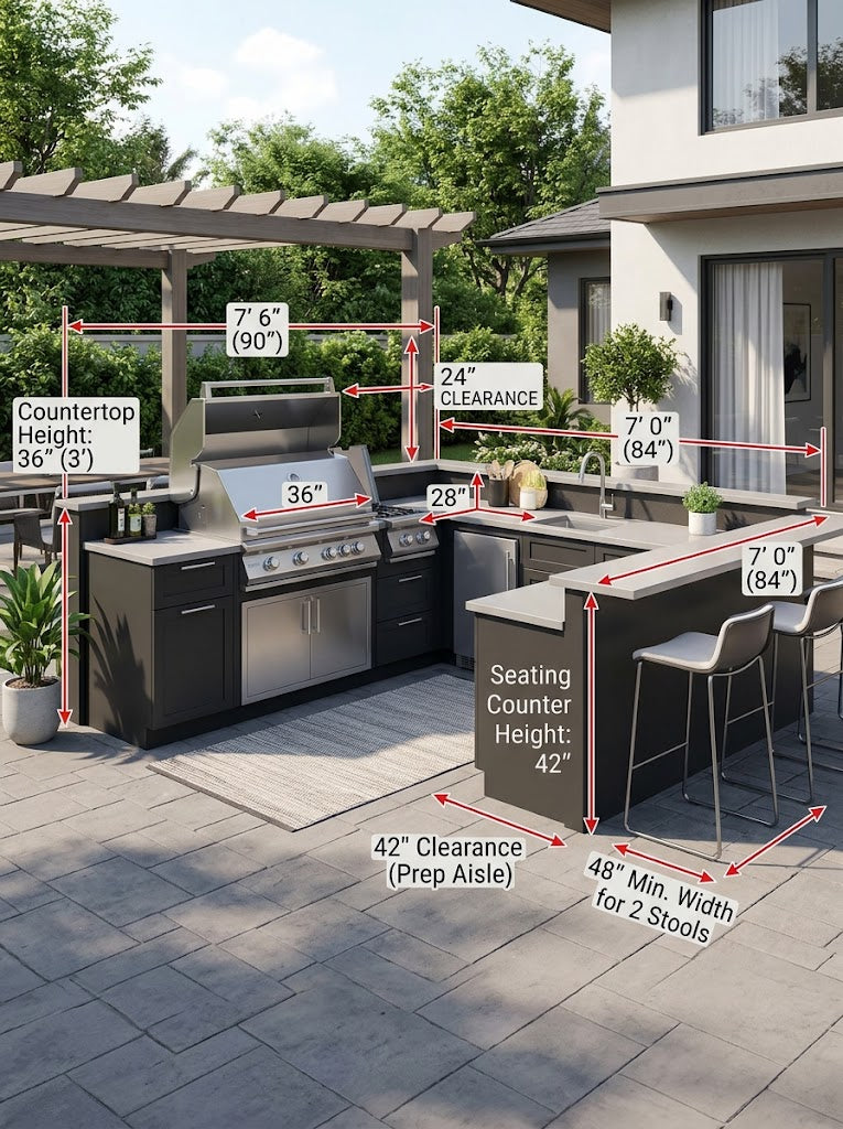 A modern outdoor kitchen with a built-in grill, countertops, appliances, seating, and clearly illustrated measurement lines highlighting key dimensions and clearances.