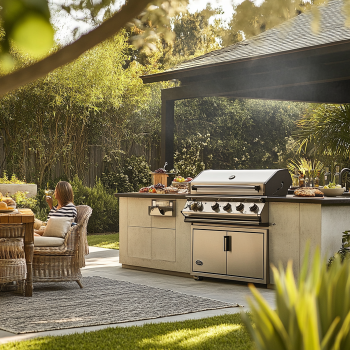 Built-in stainless steel gas grill in a modern outdoor kitchen with a cozy patio dining area and lush greenery