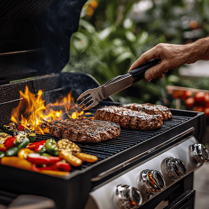 Freestanding gas grill in a backyard with food cooking and flames visible under the grates