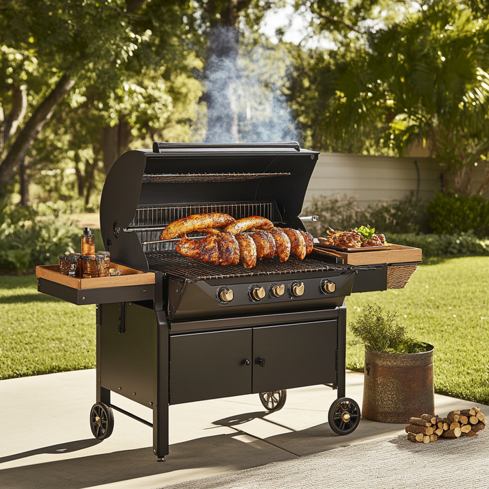 Freestanding gas grill with a rotisserie attachment, with chicken rotating on the spit