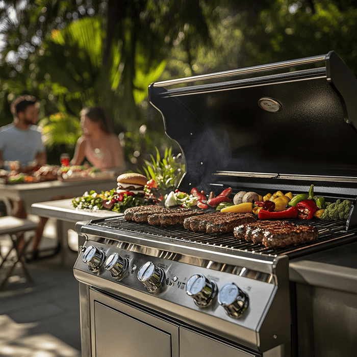 Premium stainless steel freestanding gas grill loaded with steaks, burgers, and vegetables