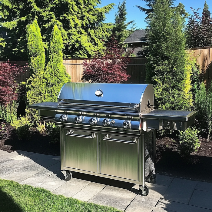 Propane BBQ grill in backyard