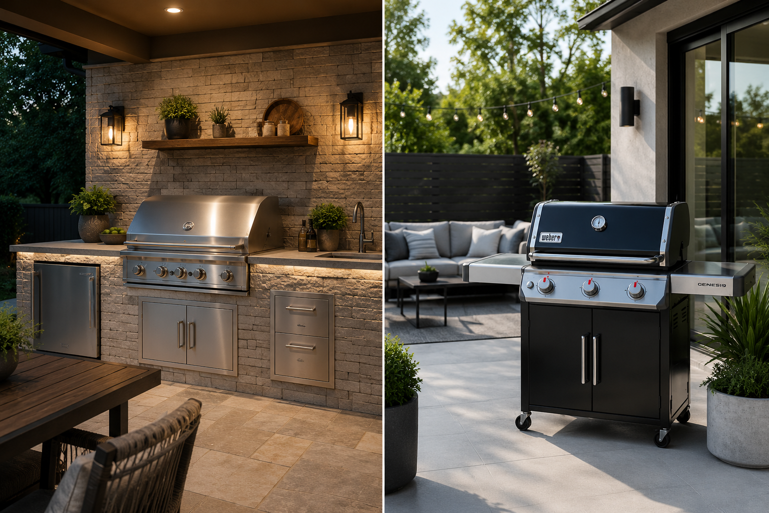 A split image featuring a custom outdoor kitchen with a built-in grill on one side and a modern patio with a premium freestanding grill on the other.