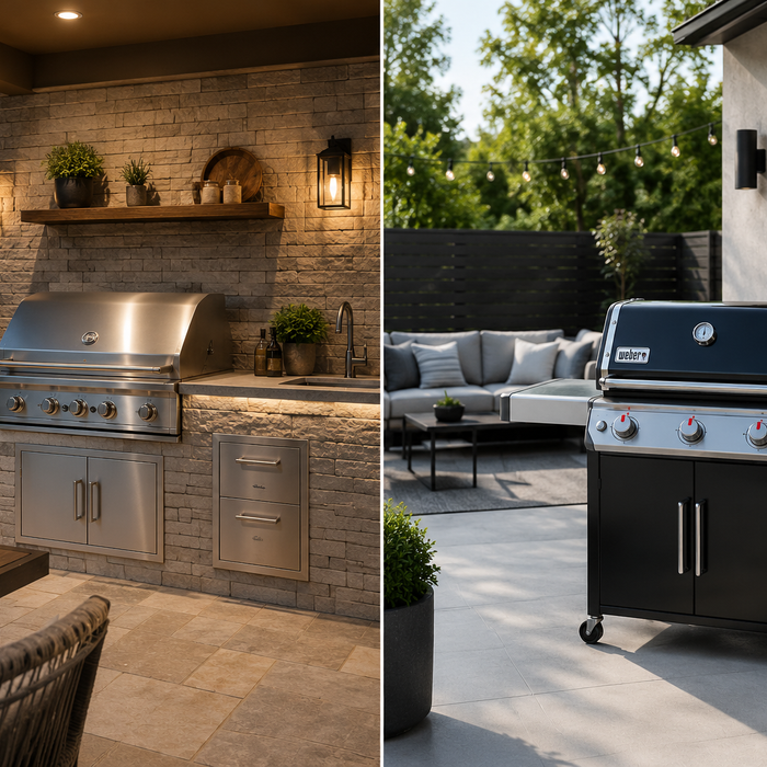 A split image featuring a custom outdoor kitchen with a built-in grill on one side and a modern patio with a premium freestanding grill on the other.