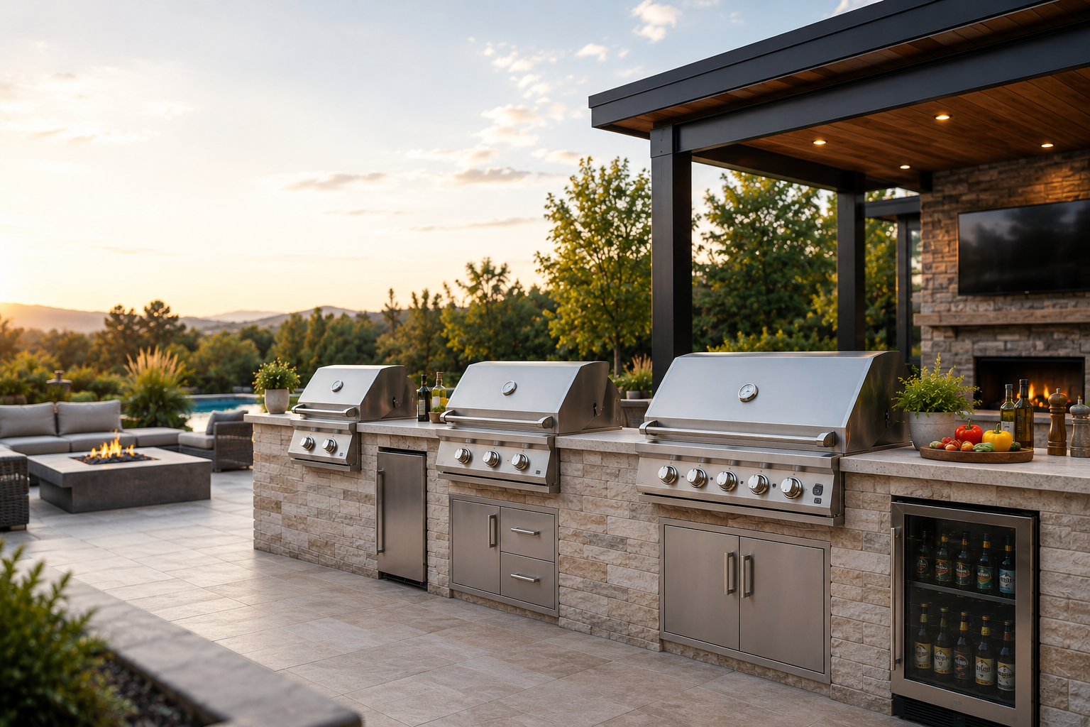 A beautifully designed outdoor kitchen featuring built-in grills of different sizes integrated into modern backyard spaces, helping homeowners visualize how to choose the right grill size for their cooking and entertaining needs.