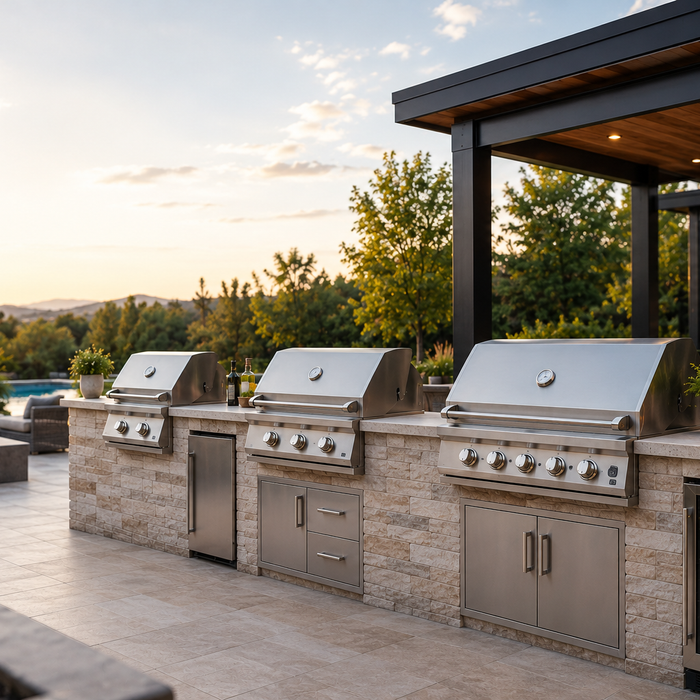 A beautifully designed outdoor kitchen featuring built-in grills of different sizes integrated into modern backyard spaces, helping homeowners visualize how to choose the right grill size for their cooking and entertaining needs.