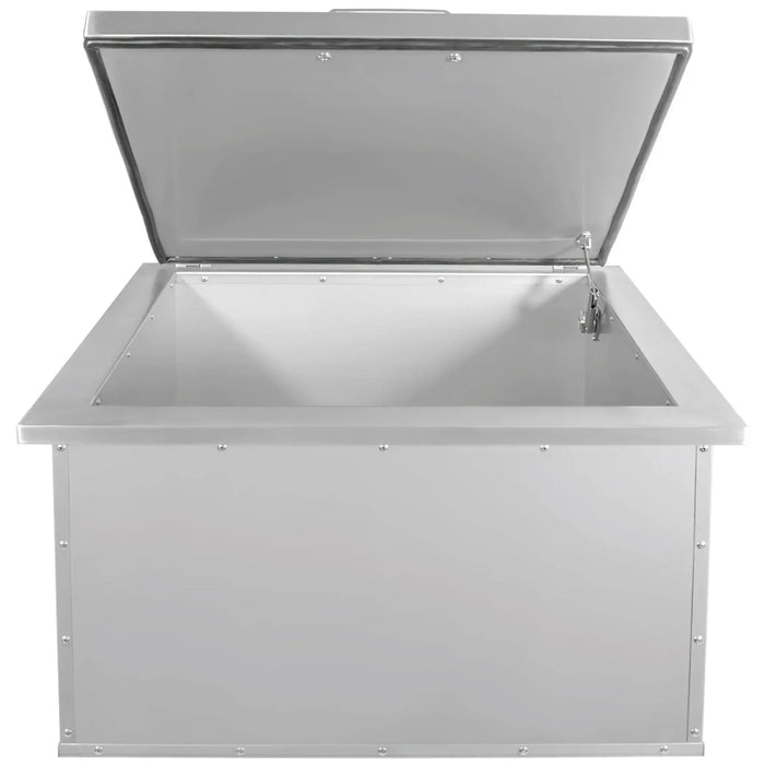 Open stainless steel storage box with hinged lid raised, showing clean interior space and reinforced metal edges.
