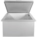 Open stainless steel storage box with hinged lid raised, showing clean interior space and reinforced metal edges.