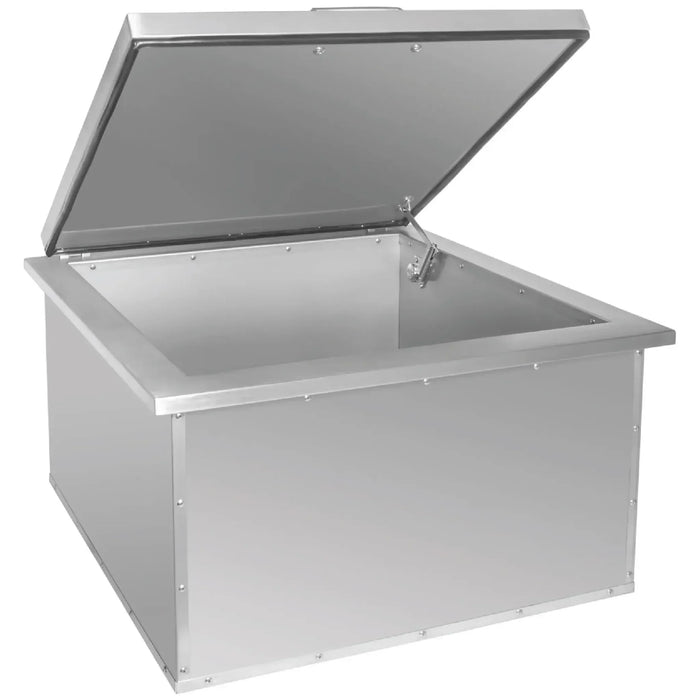 Open-top metal storage box with a hinged lid lifted, showing a spacious rectangular interior and smooth metallic finish.